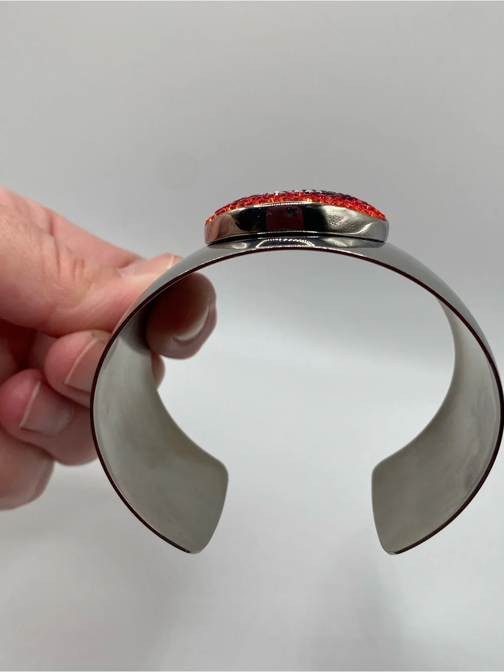 Silver tone Cuff Bracelet with Eclectic Red Crystal Oval Accent
